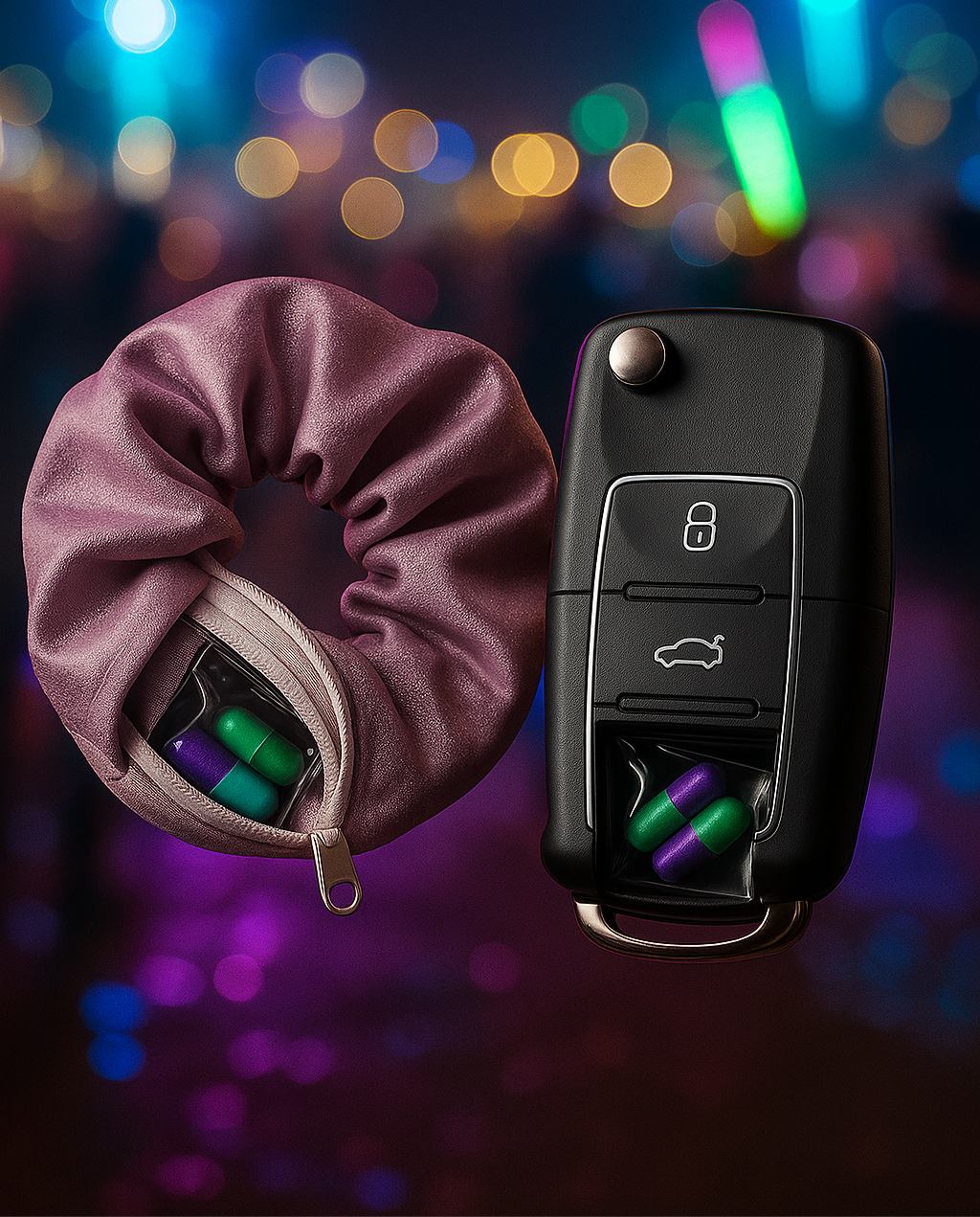 Pink scrunchie with colorful LED lights next to a car key fob against a blurred cityscape background.